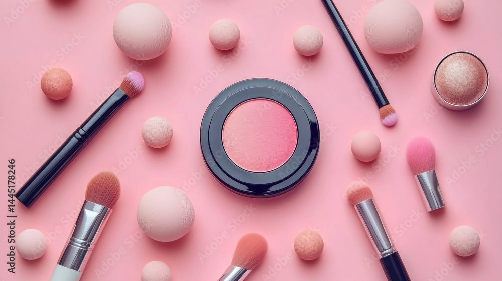 A flat lay arrangement of pink makeup items and accessories. A flat lay arrangement of pink makeup items and accessories.