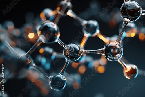 Intricate molecular structure, glowing orbs connected by glass rods, dark background.  Science, technology, and innovation.
