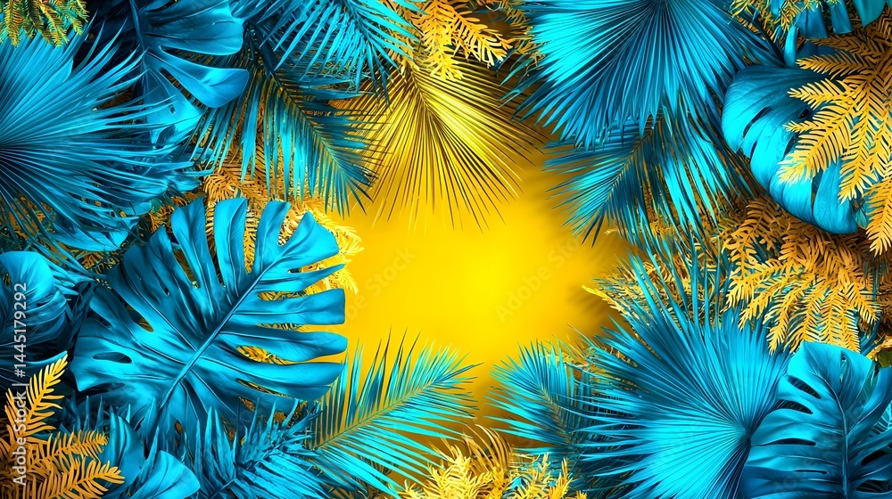Vibrant Tropical Leaf Pattern with Cyan and Gold Background for Decorative Design Vibrant Tropical Leaf Pattern with Cyan and Gold Background for Decorative Design