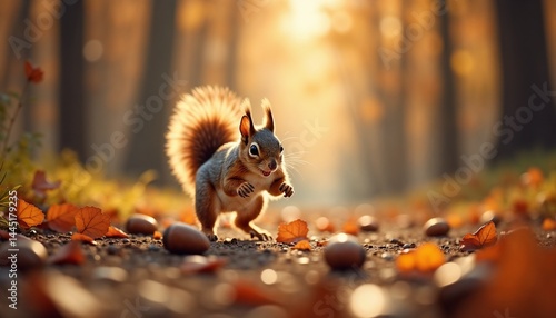 Wallpaper Mural Stylized squirrel standing inquisitively amidst acorns representing autumn bounty in a sun-dappled forest Torontodigital.ca