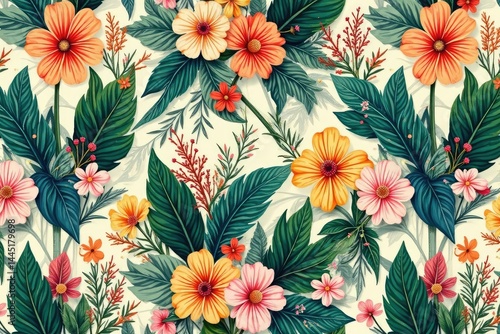 Repetitive botanical elements create a nature-inspired, flowing interior design pattern , nature inspired, fabric