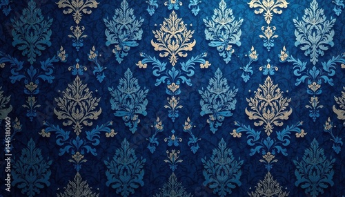 Symmetrical arabesque damask pattern with deep navy and silver accents , metallic, seamless, textile