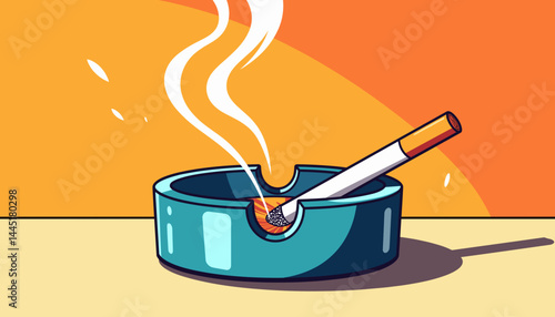 Smoking cigarette in ashtray with smoke on colorful background  