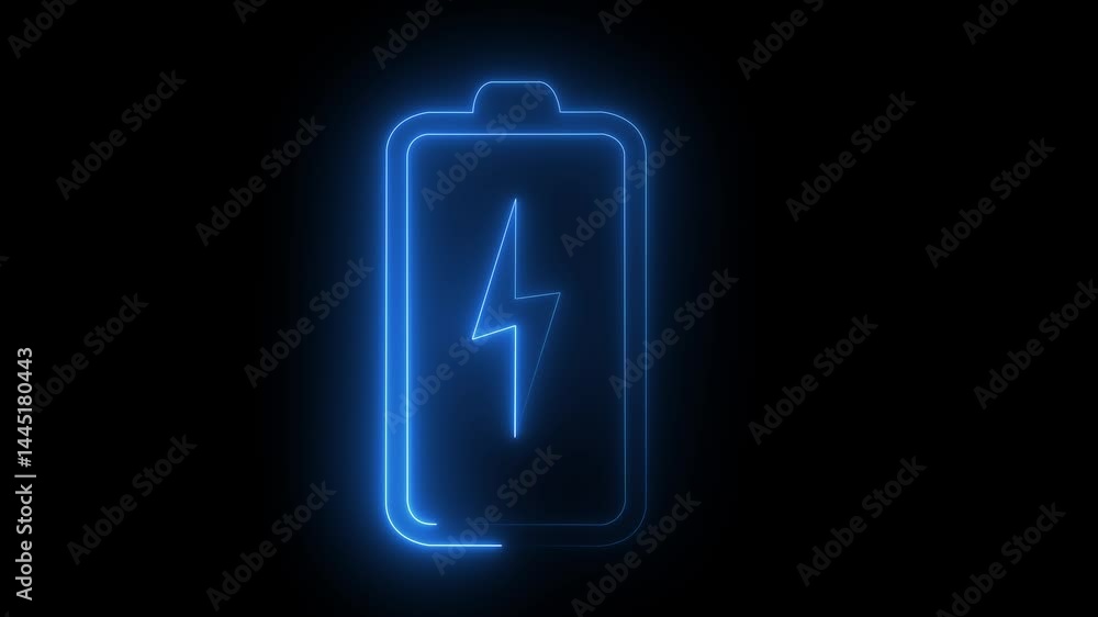 Power level video animation
Neon glowing battery charge icon on black background Power level video animation
Neon glowing battery charge icon on black background