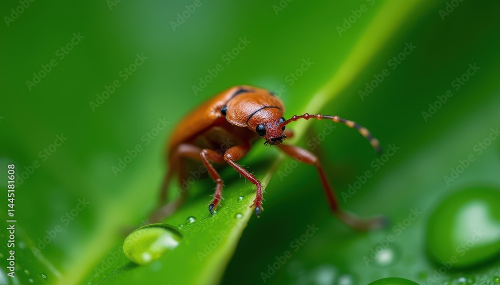 Fototapeta premium Close-up Photography of an Orange Beetle on a Dew-Covered Leaf