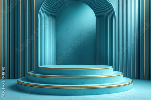 Elegant turquoise podium with golden accents in a minimalist interior design