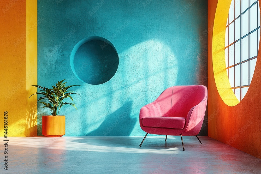 Modern room with colorful walls, round window, and stylish furniture