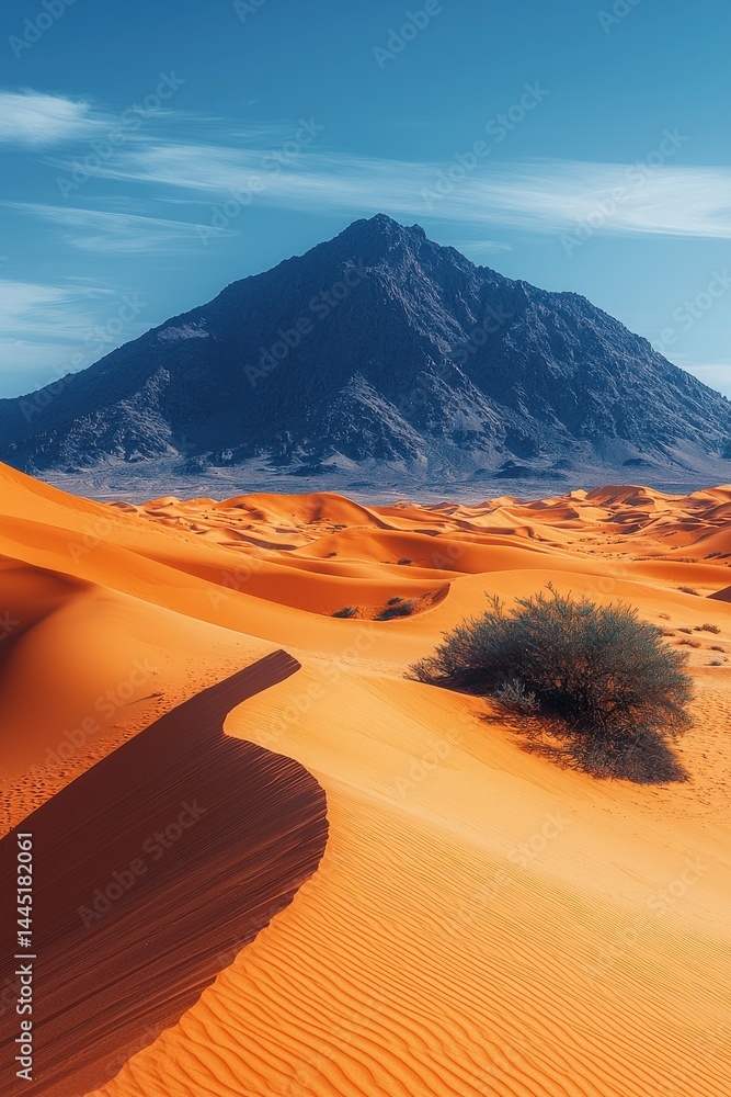 Golden desert dunes with mountains under a clear blue sky
