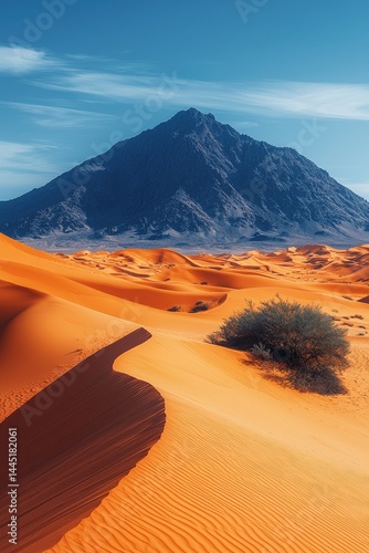 Obraz na płótnie Golden desert dunes with mountains under a clear blue sky w salonie