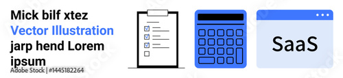 Calculator, checklist, and SaaS interface emphasizing business and tech solutions. Ideal for finance, productivity, SaaS, IT tools, workflow management, business planning simple landing page