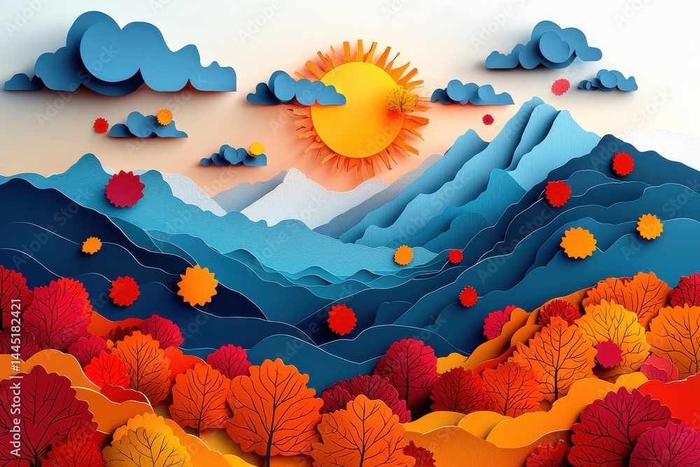 Colorful abstract landscape with yellow sun, blue waves, and vibrant autumn leaves