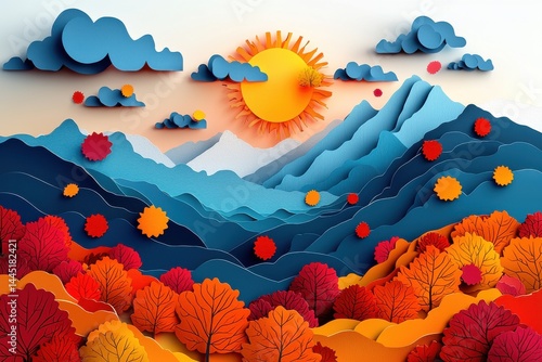 Obraz na płótnie Colorful abstract landscape with yellow sun, blue waves, and vibrant autumn leaves w salonie