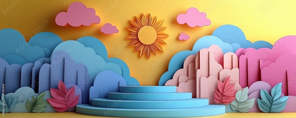 Abstract paper art featuring a vibrant natural scenery with clouds and sun