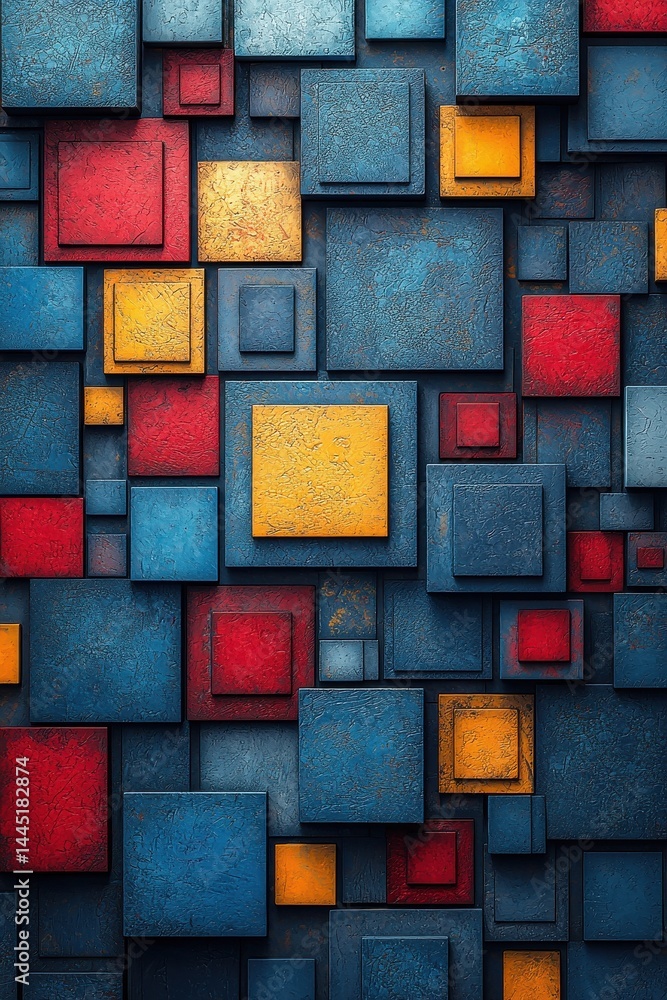 Abstract squares in red, yellow, and blue modern textured composition
