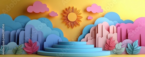 Obraz na płótnie Abstract paper art featuring a vibrant natural scenery with clouds and sun w salonie