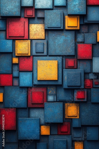 Obraz na płótnie Abstract squares in red, yellow, and blue modern textured composition w salonie