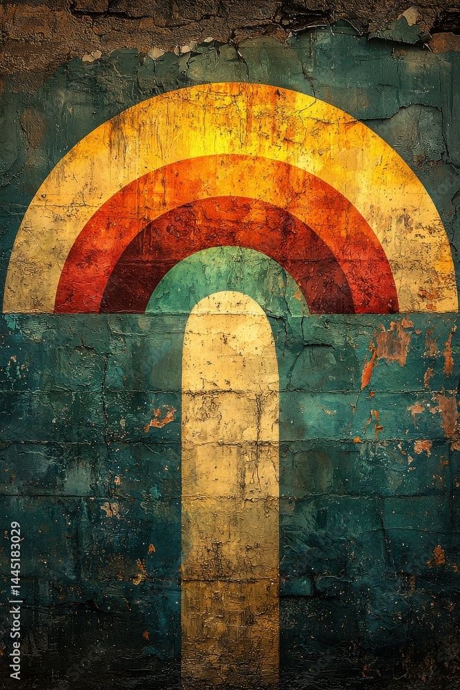 Abstract retro mountains with vibrant sun and grungy textured background