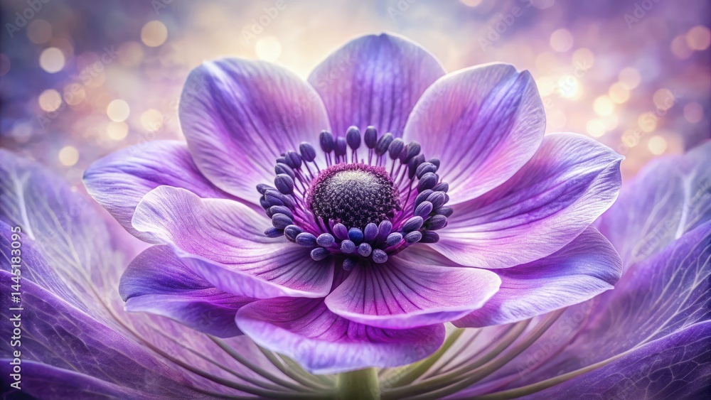 Obraz premium Purple Anemone Flower Macro Photography, Top View Double Exposure, Floral Art, Nature Photography, Botanical Image