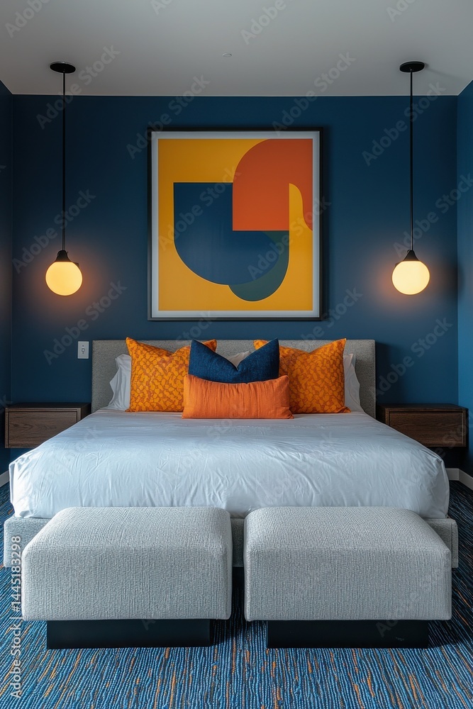Modern hotel bedroom with vibrant decor and elegant furnishings