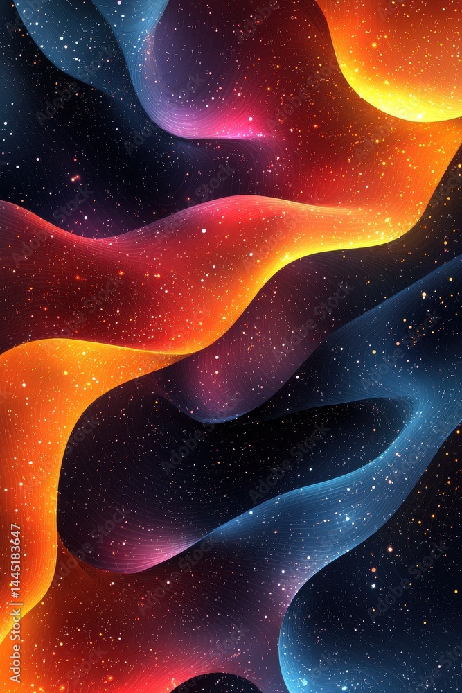 Vivid gradient waves with glowing particles in a cosmic abstract theme