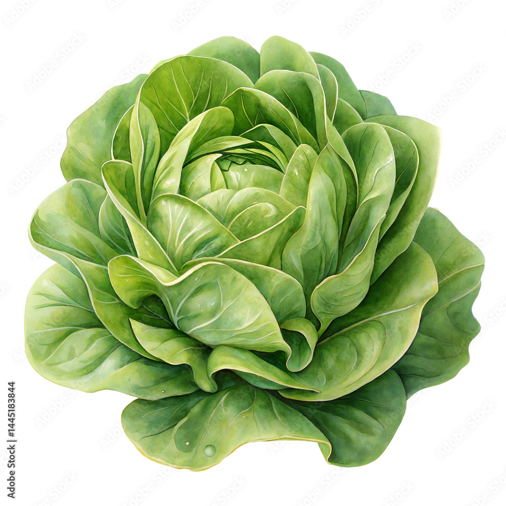 Obraz premium Watercolor-style butterhead lettuce with soft green layers, perfect for natural food illustrations, vegetarian cookbook visuals, organic packaging, and garden vegetable art projects