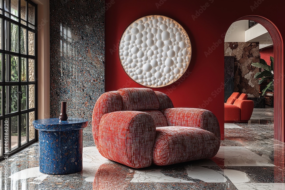 Stylish art deco inspired interior featuring vibrant textures and geometric designs.