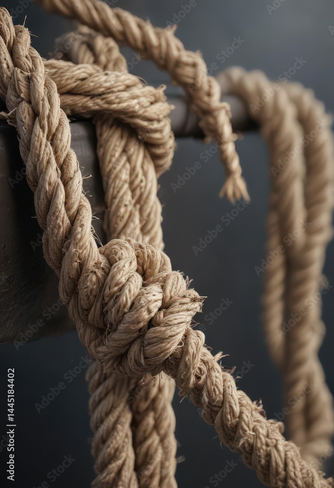 Frayed rope, stretched taut, near breaking point, strain, exhaustion, destruction Frayed rope, stretched taut, near breaking point, strain, exhaustion, destruction