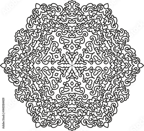 Elegant mandala pattern with curved floral shapes and perfect symmetry in black and white. Suitable for adult coloring pages, vector artwork, and decorative design.