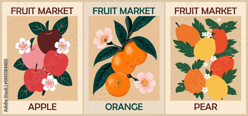 Set of abstract Fruit Market retro posters. Trendy kitchen gallery wall art with orange, apple, pear. Modern naive groovy interior paintings. Vector art illustration.