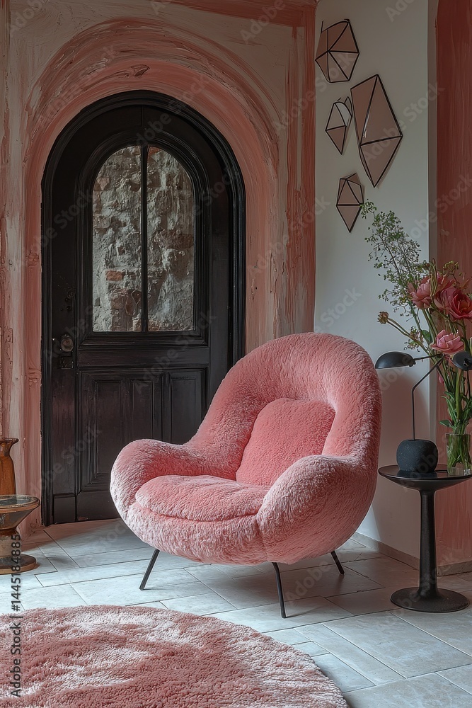 Elegant pink modern interior with cozy armchair and unique minimalist decor