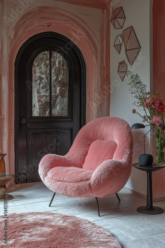 Obraz na płótnie Elegant pink modern interior with cozy armchair and unique minimalist decor w salonie
