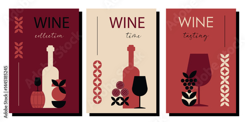 Set of WINE minimalist posters. Abstract geometric wine banner. Wine list, wine tasting, invitation for an event, festival, party. Wine tasting concept.