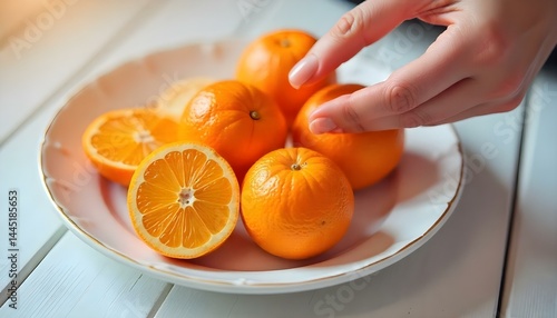 cropped view of female hand near plate with tangerines on wooden white background