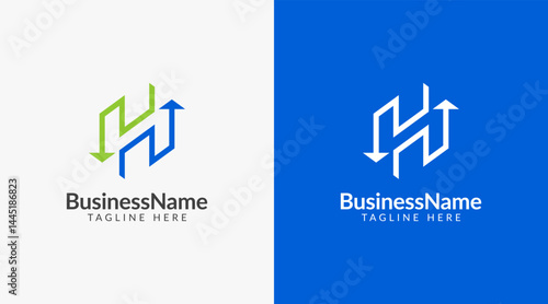 Modern logo mark with letter H and arrow icon bar candlestick for trading, investment, finance, statistic, accounting or marketing business