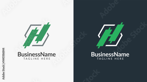 Modern logo mark with letter H and arrow icon bar candlestick for trading, investment, finance, statistic, accounting or marketing business
