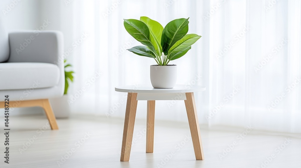 Small white table with potted plant in a bright room Small white table with potted plant in a bright room