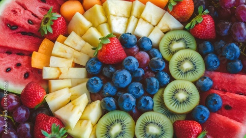 Fresh tropical fruit platter with watermelon, kiwi, pineapple, and strawberries