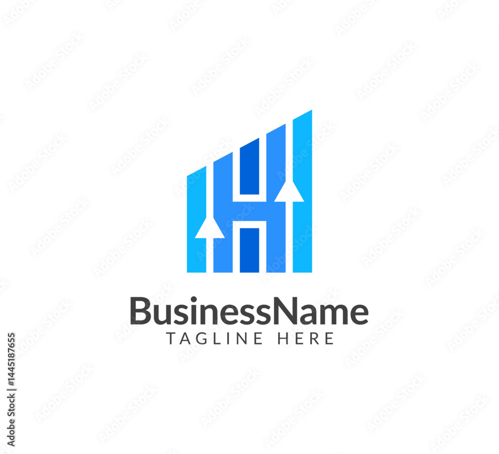 Modern logo mark with letter H and arrow icon bar candlestick for trading, investment, finance, statistic, accounting or marketing business Modern logo mark with letter H and arrow icon bar candlestick for trading, investment, finance, statistic, accounting or marketing business