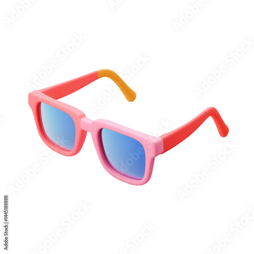 Pink and orange sunglasses with blue lenses in simple 3D vector style isolated on white