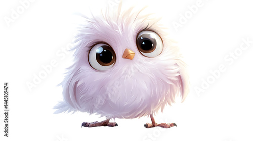 Cute fluffy cartoon bird with big eyes.