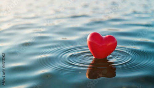 Heart balloon floating on lake surface in morning light, love symbol