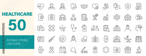 Healthcare icon set. Containing medicine, hospital, doctor, nurse, ambulance, medical, treatment, pills, mental care and more. Editable line icons. Vector illustration.