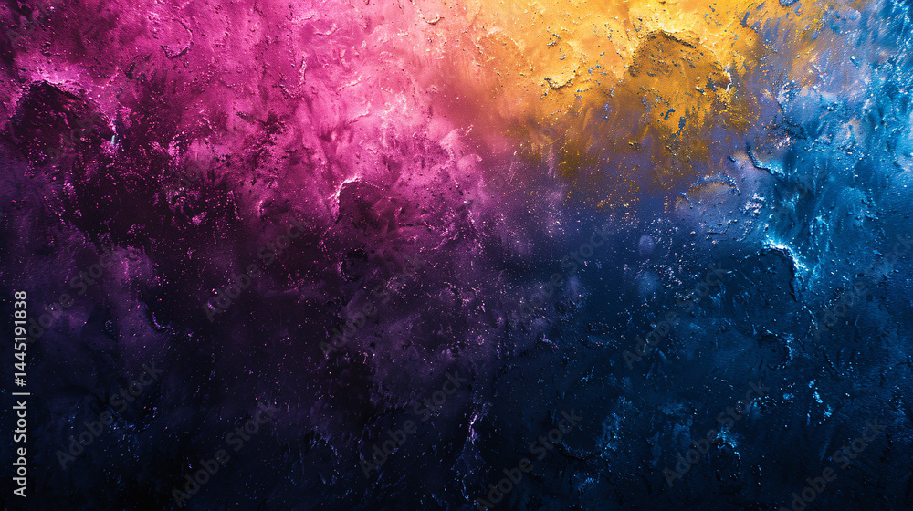 Fototapeta premium A bold, colorful grainy gradient of blue, pink, and yellow with smoky paint splashes on black—ideal for futuristic, tech-themed, or festive design presentations, banners, and wallpapers.