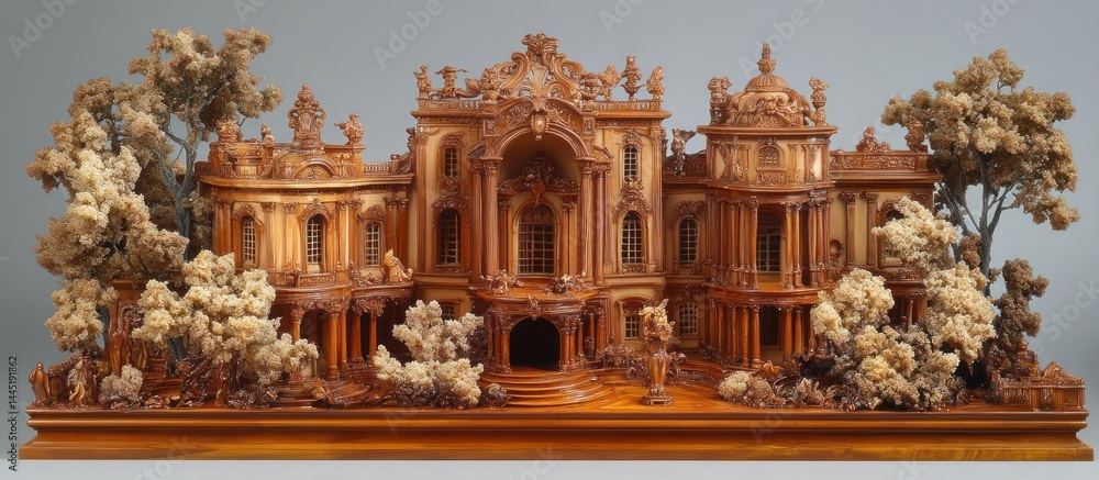 Intricate Wood Carving of a Palace and Gardens Intricate Wood Carving of a Palace and Gardens