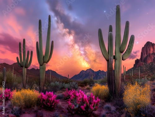 Majestic Sonoran Desert Sunset with Giant Saguaro Cacti under a Starry Milky Way Galaxy