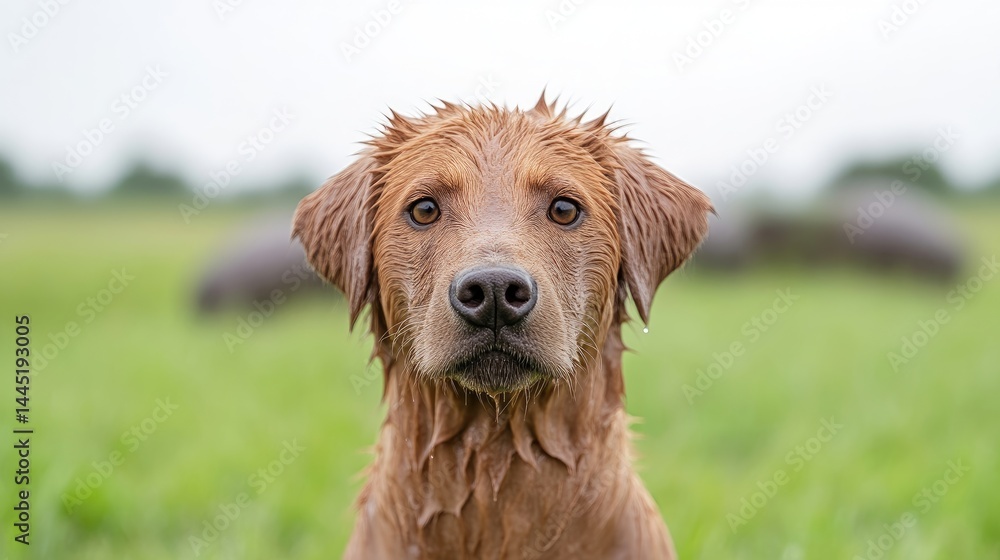 Obraz premium Wet golden retriever puppy looking directly at the camera in a green grassy field.