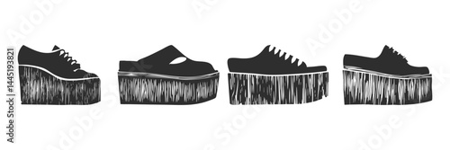 Platform Shoes Silhouette Set. Fashion Footwear Styles And Trends Isolated Vector Illustration Collection
