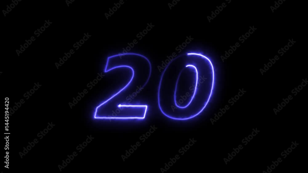 Neon countdown video animation
Bright glowing number 20 timer icon on black background Neon countdown video animation
Bright glowing number 20 timer icon on black background