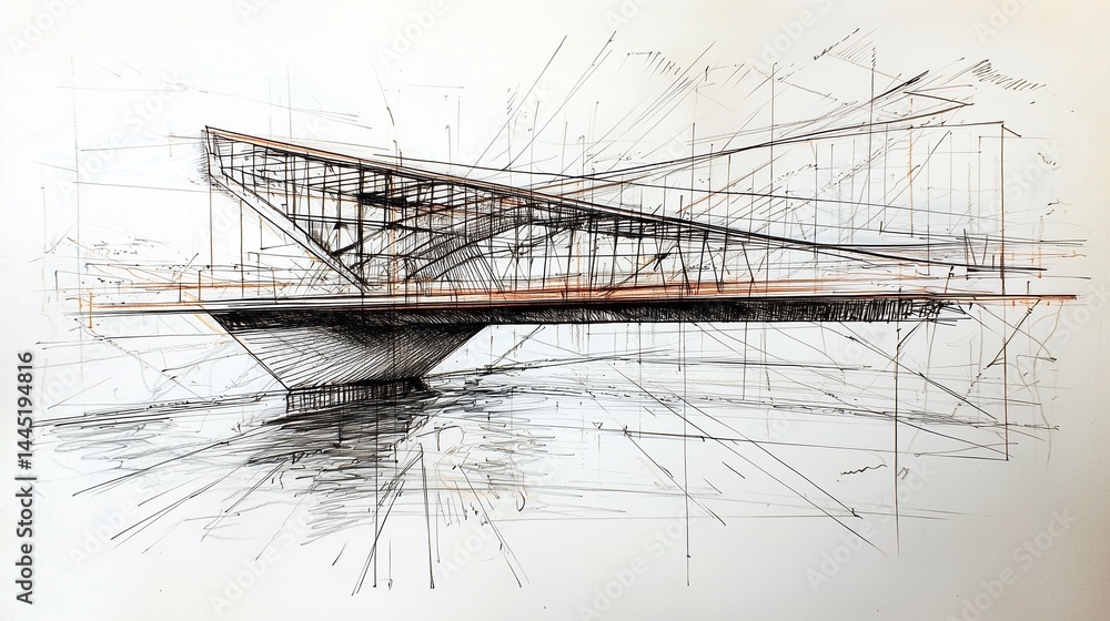 sketch of a modern bridge structure over water, pencil and marker mixed media