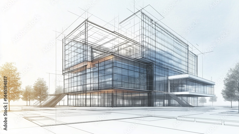 drawing of a modern office building with sustainable design features, made on tracing paper
